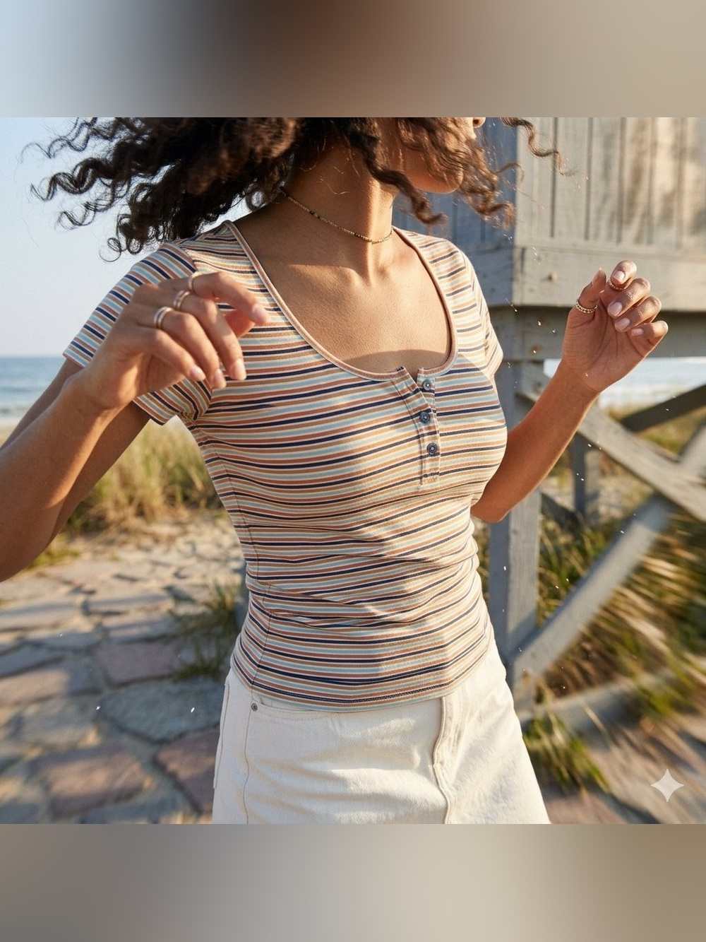 NWT American Eagle Striped Ribbed Henley Short Sleeve Baby Tee Size M